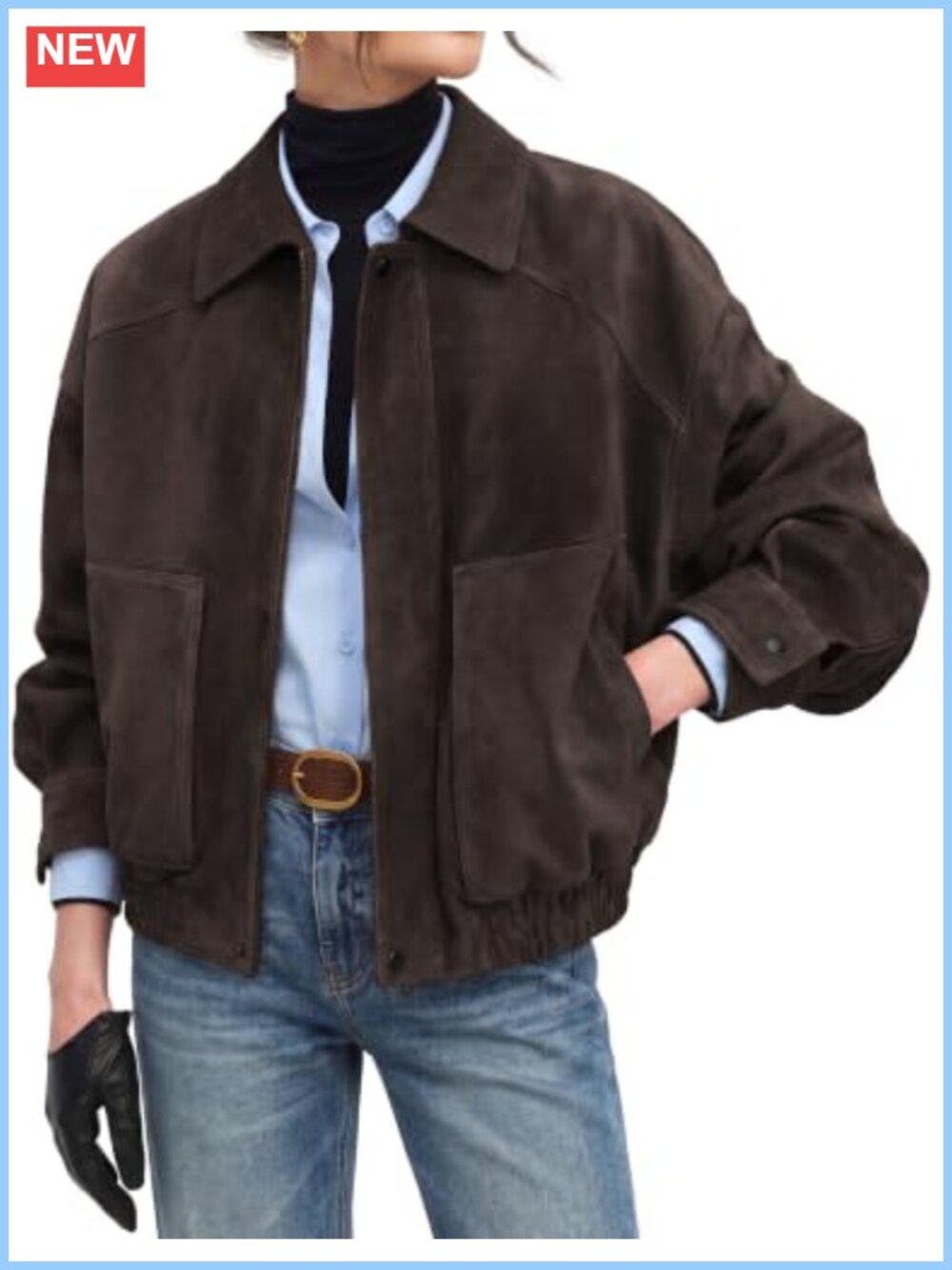 Women's Faux Suede Jacket Long Sleeve Zip Front Bomber Coat